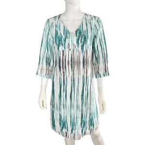 Peck And Peck Linen V-neck Shift Dress 3/4 Sleeve White Teal Brown Size Small